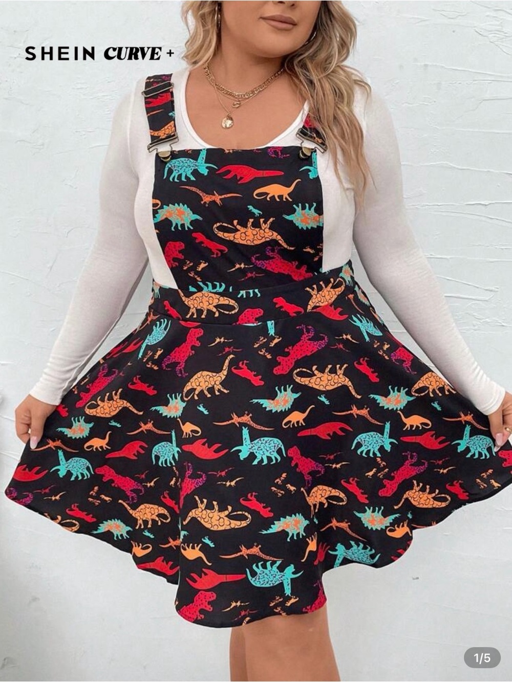 SHEIN Black Mini Pinafore Dress with Colorful Dinosaur Print